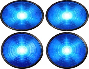 Four illuminated, circular, blue-glowing devices arranged in a two-by-two grid
