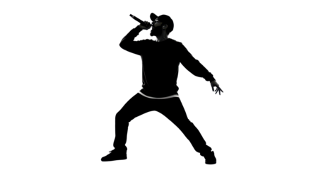 Silhouette of a man singing into a microphone isolated PNG with Transparent Background