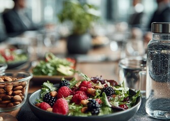 Salad bowl with berries and almonds beside a water bottle
