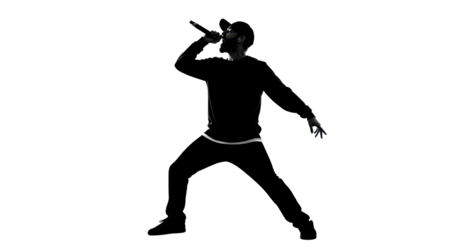 Silhouette of a man singing into a microphone isolated PNG with Transparent Background
