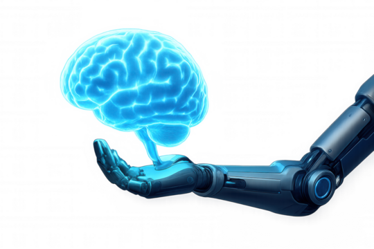 Robot hand holding glowing human brain, representing artificial intelligence, technology, and futuristic concepts