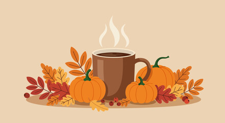 Cozy autumn scene with steaming coffee mug, pumpkins, and vibrant fall leaves evokes warmth and seasonal comfort, perfect for festive designs.