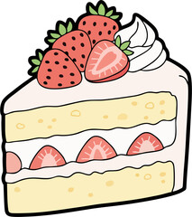 Strawberry Shortcake Slice Vector Illustration – Cute Layered Cake with Fresh Strawberries and Whipped Cream