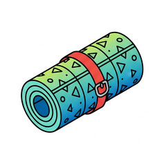 Vibrant, rolled camping mat with a geometric pattern secured by a red strap, perfect for outdoor adventures and travel.