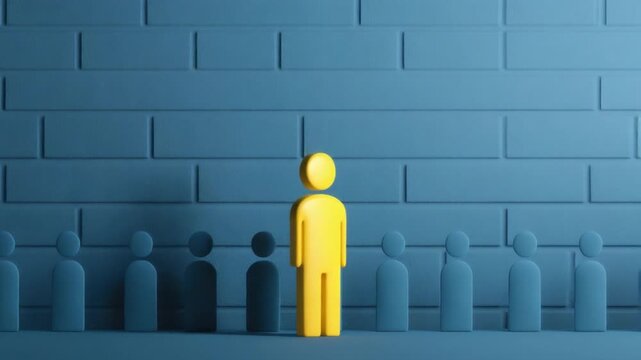 Unique individual standing out among group of blue figures on a colorful background representing diversity and individuality 4k video footage