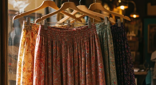 Colorful Bohemian Skirts Hanging on Hangers