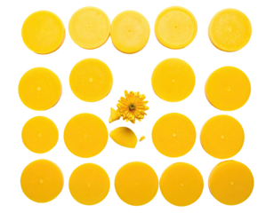 Yellow jar lids in grid with a yellow flower and leaves in a black frame