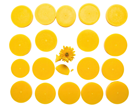 Yellow jar lids in grid with a yellow flower and leaves in a black frame - Powered by Adobe