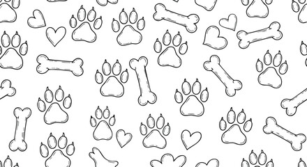 Adorable vector pattern with simple sketched dog paw prints, stylized bones, and sweet heart shapes, creating a charming and repeatable animal lover background