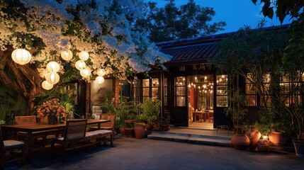 Elegant Outdoor Dining Area of Courtyard Restaurant at Night: Lanterns, Blooming White Flowers and Retro Architecture Create Warm Dining Atmosphere