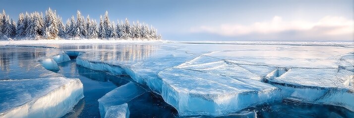 Obraz premium Stunning Cracked Blue Ice on Winter Lake Baikal with Frozen Trees and Dawn Clouds in Background