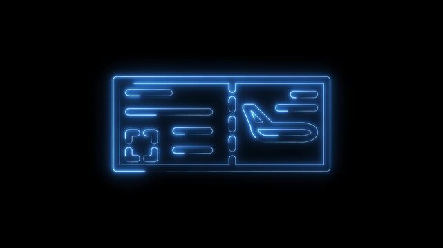 Glowing neon airplane ticket animated design with black background for travel and transportation