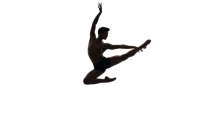 Dynamic silhouette of male ballet dancer leaping high in the air, isolated on white background