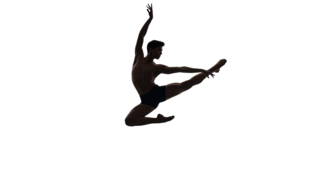 Dynamic silhouette of male ballet dancer leaping high in the air, isolated on white background