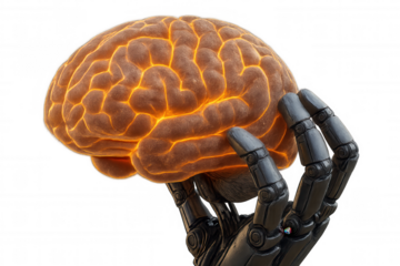 Robot hand holding a glowing brain representing artificial intelligence, technology, and future mind power on transparent background