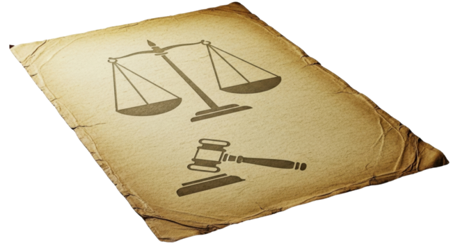 Scales of justice and gavel on old paper isolated PNG with Transparent Background