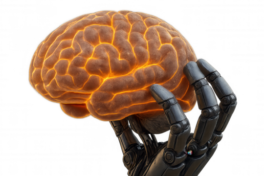 Robot hand holding a glowing brain representing artificial intelligence, technology, and future mind power on transparent background