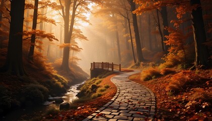 Autumn forest path with stone walkway and small bridge in golden light