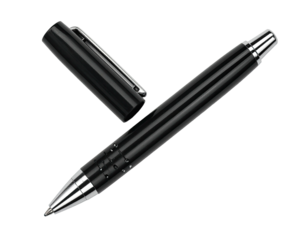 Sleek black pen with open cap, gleaming chrome tip, resting on a black background