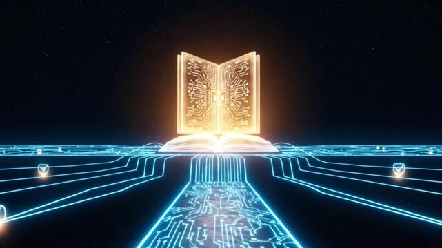 Digital book with circuit board and data stream, representing the concept of digital learning, online education, and knowledge transfer platform