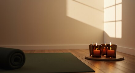 Yoga mat and candles in a peaceful room