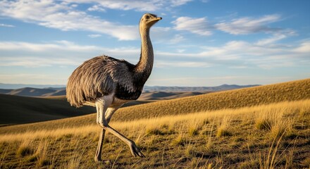 Nandu (Rhea) large flightless bird walking across an arid South American grassland