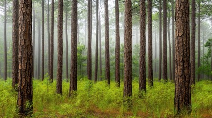 Naklejka premium Morning mist enveloping tall pine trees in a quiet forest landscape for calming visuals
