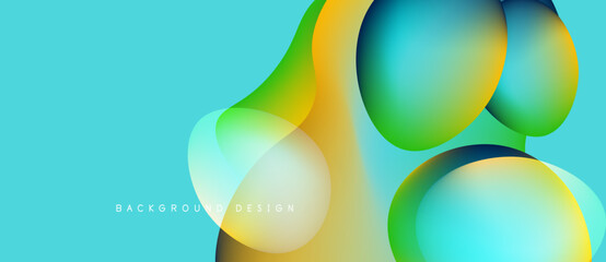 Abstract fluid shapes overlap, creating vibrant color gradients. Turquoise background complements yellow, green, blue elements. Modern design.