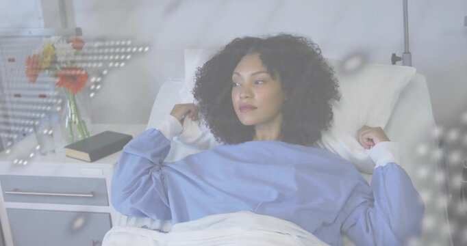 Woman lying on bed adjusting pillow as command-line overlay shifting into dotted map exploring tech