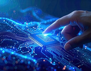 A finger touches a glowing circuit board, symbolizing technological interaction
