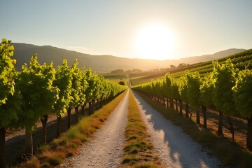 Naklejka premium A gravel road leading into rolling vineyards under soft sunlight. 