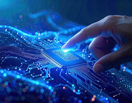 A finger touches a glowing circuit board, symbolizing technological interaction