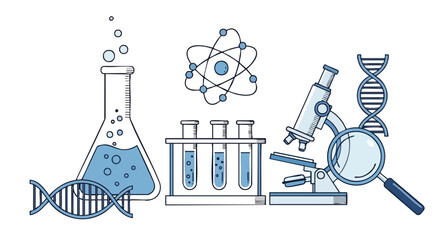 A collection of scientific research and discovery icons including DNA, a microscope, beakers, and atomic models.