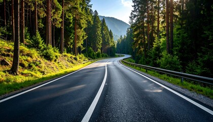 Obraz premium Winding Asphalt Road Through Lush Forest with Sunlit Scenic Landscape, and Travel Destination.