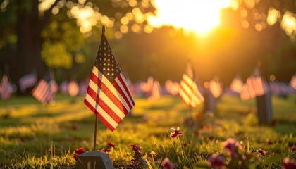 American Flags on Gravesites at Sunset with Golden Light Shining Through Trees in Background and Red Flowers in Foreground