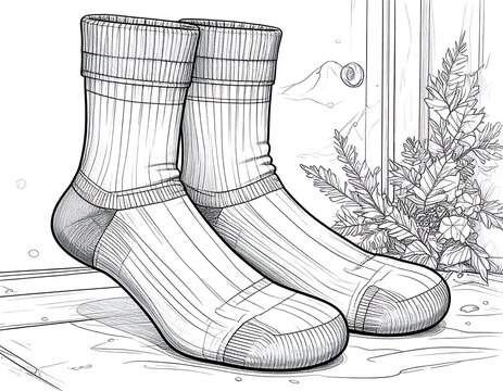 Pair of line art hiking socks on wooden floor - Powered by Adobe