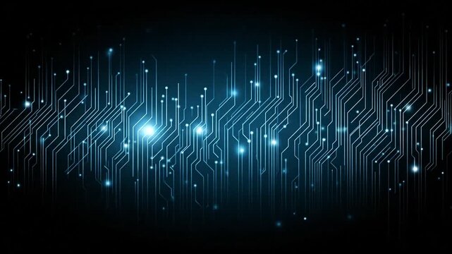 Abstract circuit board with glowing nodes on dark blue background