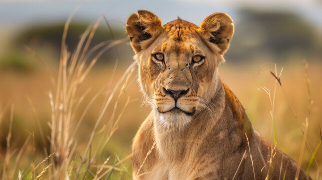 Beautiful wild african lioness portrait, Savanna, game drive, wildlife safari, animals in natural habitat, beauty of nature, Kenya travel, Masai Mara