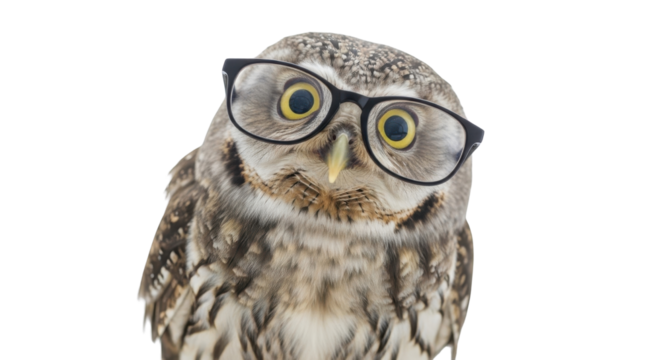 Close-up of Cute Little Owl Wearing Black Rimmed Glasses Isolated on White Background