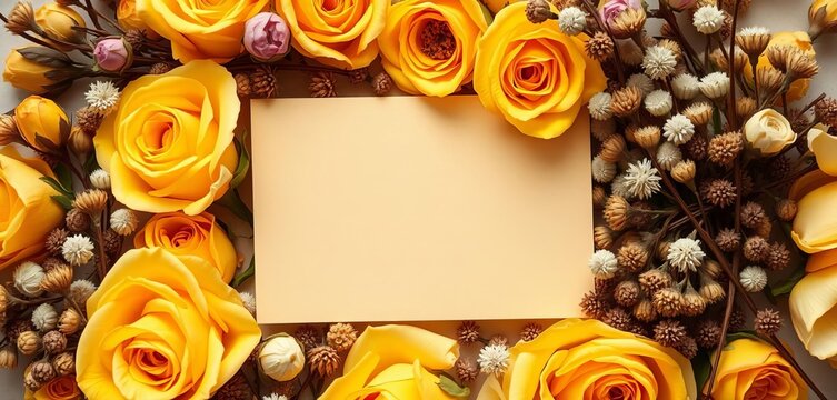 Elegant beige card nestled amongst yellow roses & dried blooms,  background,  dried flowers