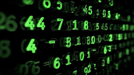 Abstract digital number sequence on black background with green glowing digits - Powered by Adobe