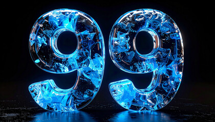 Number 99 shaped from frozen water ice, glowing blue light, frosted textures, 3D rendering