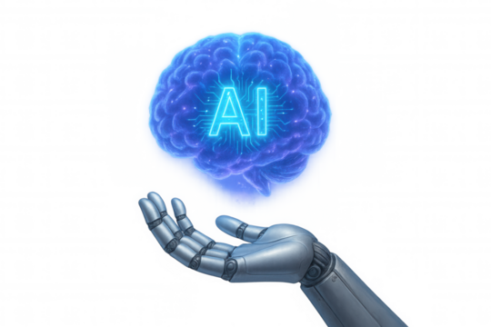 Humanoid robot hand holding glowing ai brain with circuit board pattern, digital intelligence concept on transparent background