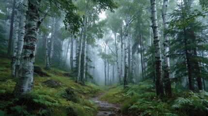 Fototapeta premium Misty forest scene with a winding path through lush green vegetation, leading to distant trees shrouded in fog,