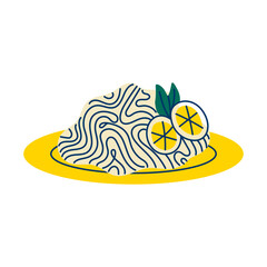 Spaghetti pasta with lemon . Whimsical plate of Italian Food in doodle style. Mediterranean sketchy art for summer design. Vector illustration