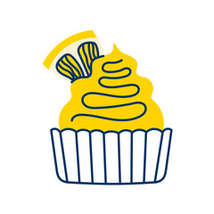 Cupcake with Lemon Cream. Cute hand drawn sweet food doodle icon. Delicious dessert with yellow topping and slice. Playful sketch for  bakery, pastry item, cafe, menu