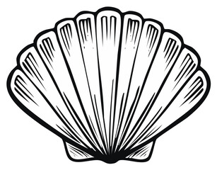 Single scallop seashell with radiating ribs, vector graphic, thick black outline, marine life, ocean theme