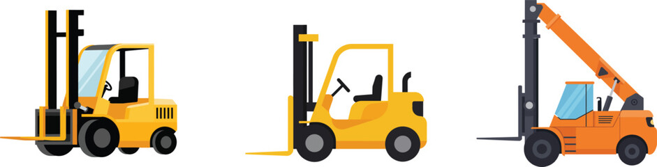 Set of Three Different Forklift Trucks Illustrating Industrial Lifting Equipment