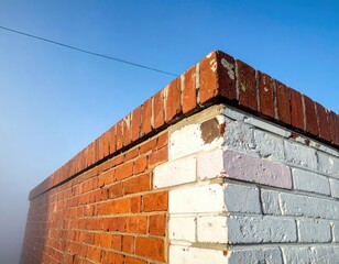 Close-up of a brick wall, partially painted, with a blue sky and wire above