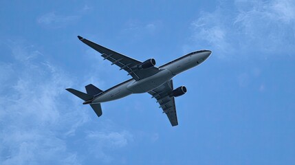 Obraz premium Airplane flying in the clear blue sky on a warm afternoon, showcasing its wings and engines from below in a serene travel moment